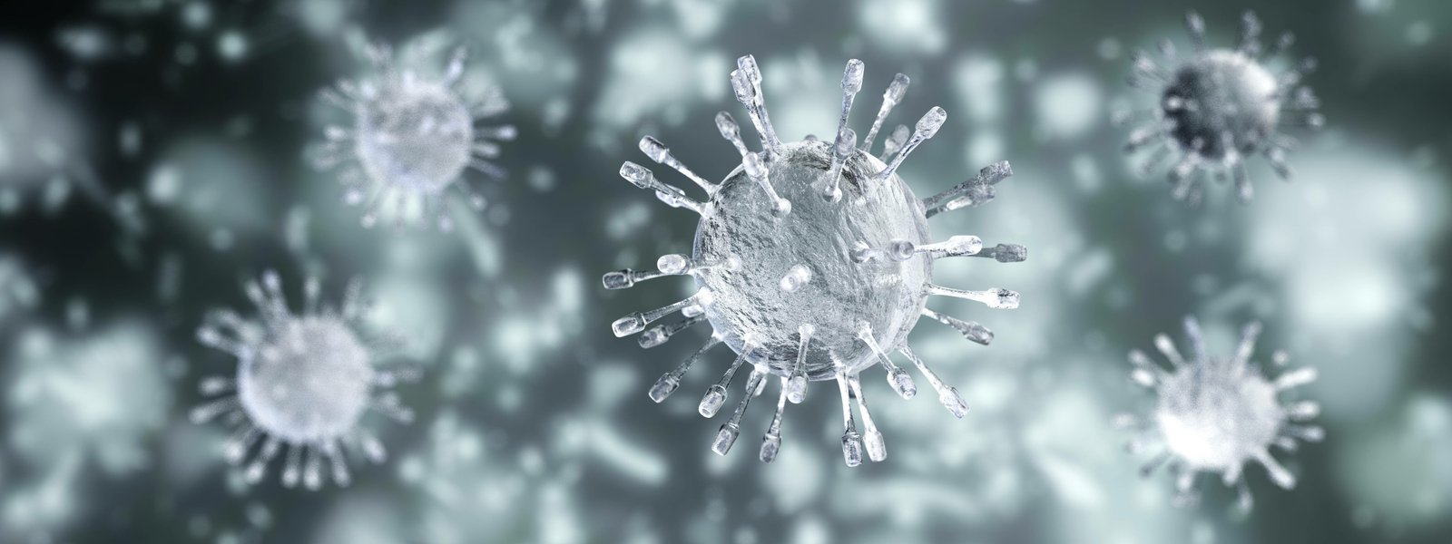 3D-rendered image of a virus particle with spike proteins, floating in a microscopic environment.